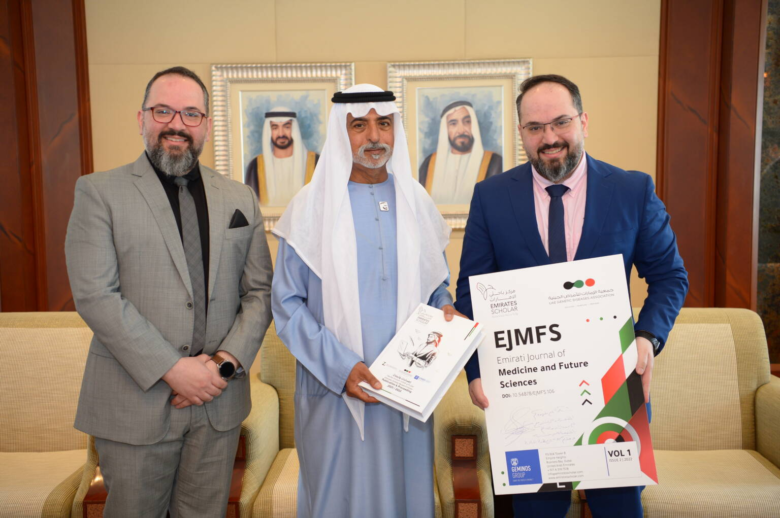 His Excellency Sheikh Nahyan bin Mubarak Al Nahyan, Minister of Tolerance, received Dr. Firas Habbal, President of the Emirates Scholar Research Centre for Studies and Research, Dr. Fawaz Habbal, Chairman of Geminos Investment Group, and Dr. Maryam Matar, President of the Emirates Society for Genetic Diseases, accompanied by Mr. Ali Al-Abdullah, and Mr. Khaled Al-Ali From the Board of Trustees of the Center and members of the team to present and discuss the initiatives of Emirates Scholar and its scientific achievements for the past year.